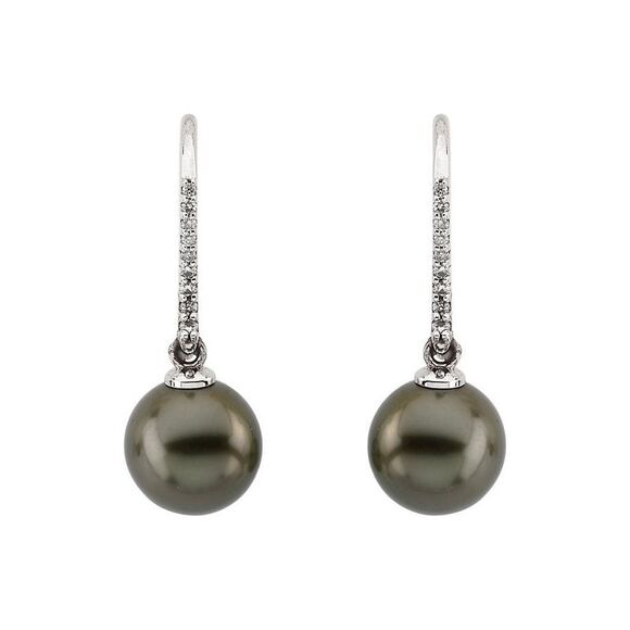 Gray Tahitian Cultured Pearl & Diamond 14k White Gold Dangle Earrings - Picture 2 of 3